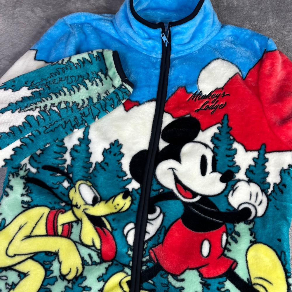Disney Mickey Mouse Fleece Jacket Womens Multicolor Pluto Mickeys Lodge Vintage